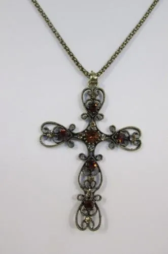 Gold Metal 24" Long Chain Classic Cross Pendant Rhinestones Necklace