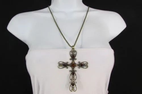 Gold Metal 24" Long Chain Classic Cross Pendant Rhinestones Necklace