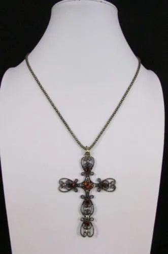 Gold Metal 24" Long Chain Classic Cross Pendant Rhinestones Necklace