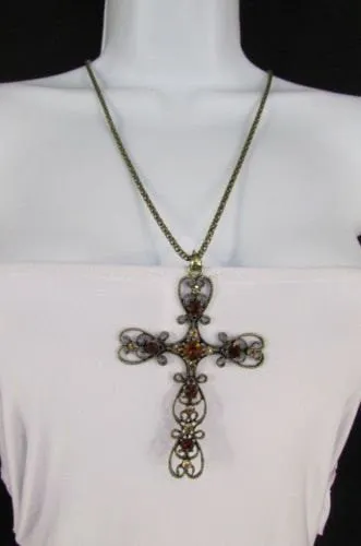 Gold Metal 24" Long Chain Classic Cross Pendant Rhinestones Necklace