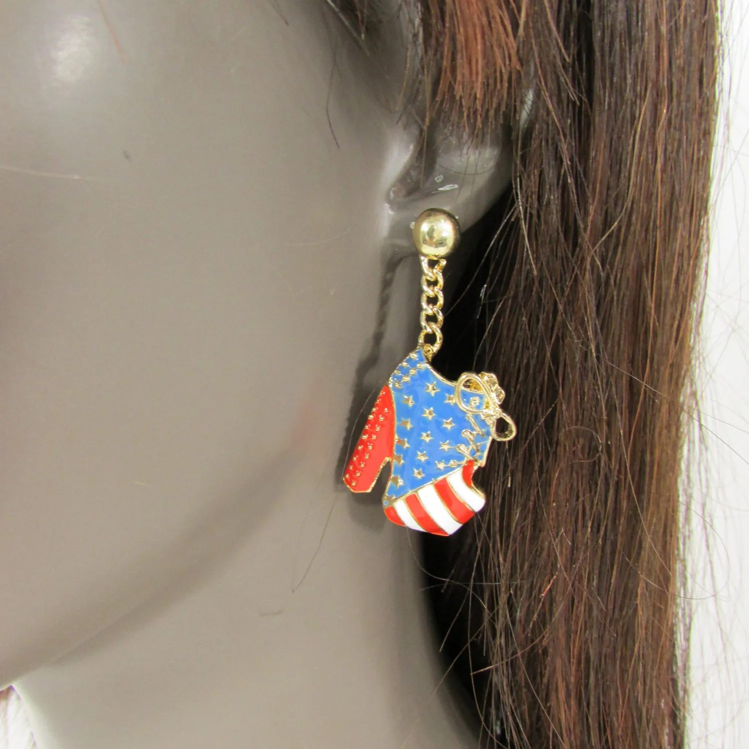 Gold Metal American Flag Dangle Pump Shoes Red Blue Earrings Set Hook