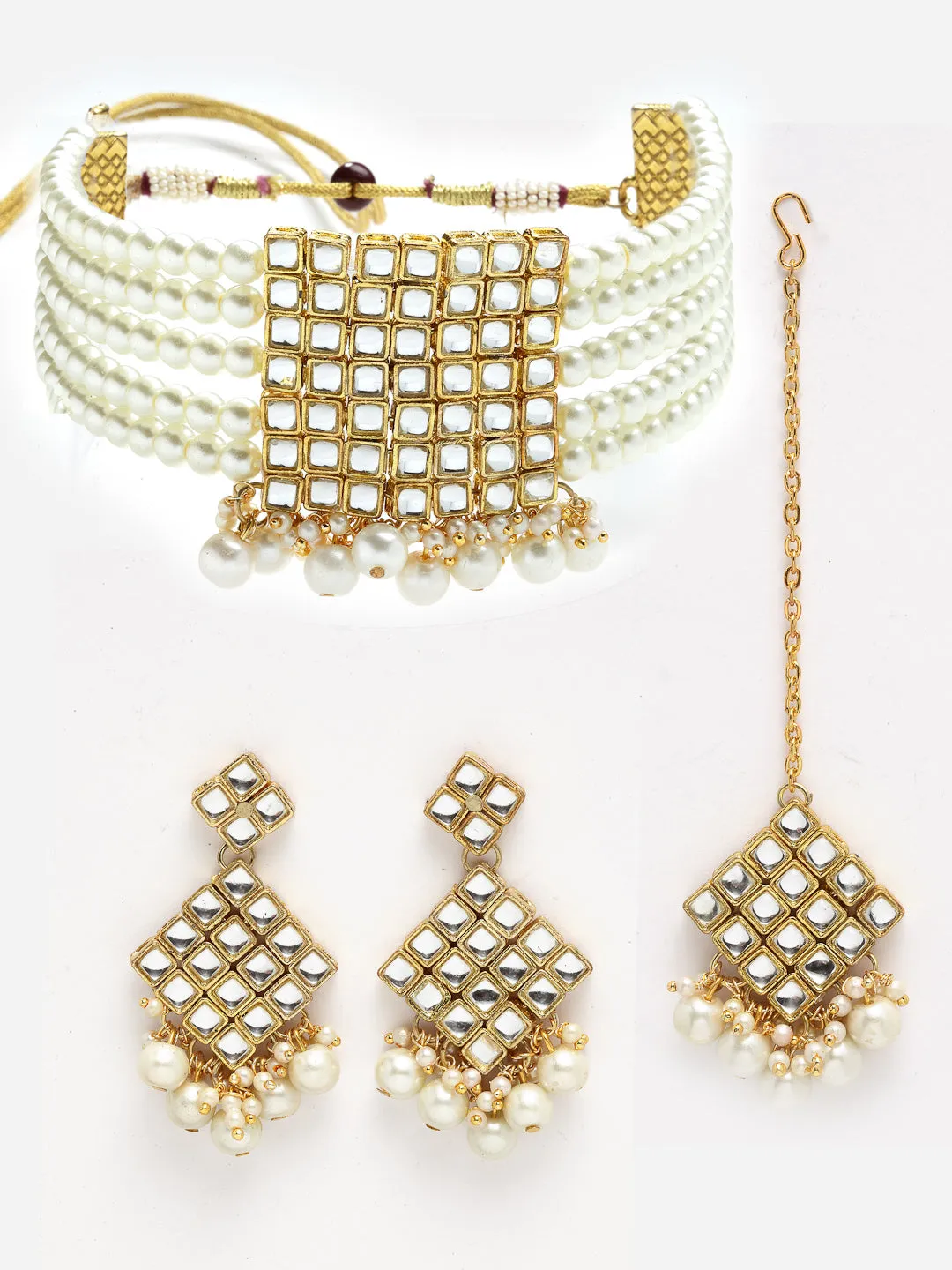 Gold-Plated Embellished Kundan and Pearl Beads Handcrafted Choker Necklace Set