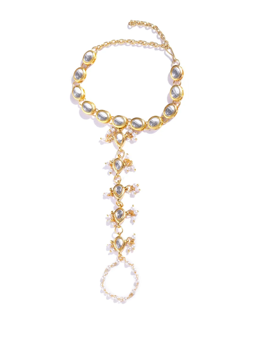 Gold-Plated Kundan Pearl Chain Hathphool with Tassel Beads