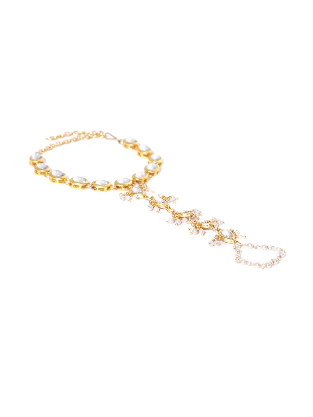 Gold-Plated Kundan Pearl Chain Hathphool with Tassel Beads