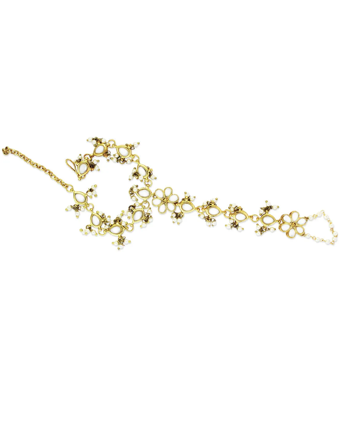 Gold-Plated Kundan Pearl Chain Hathphool with Tassel Beads