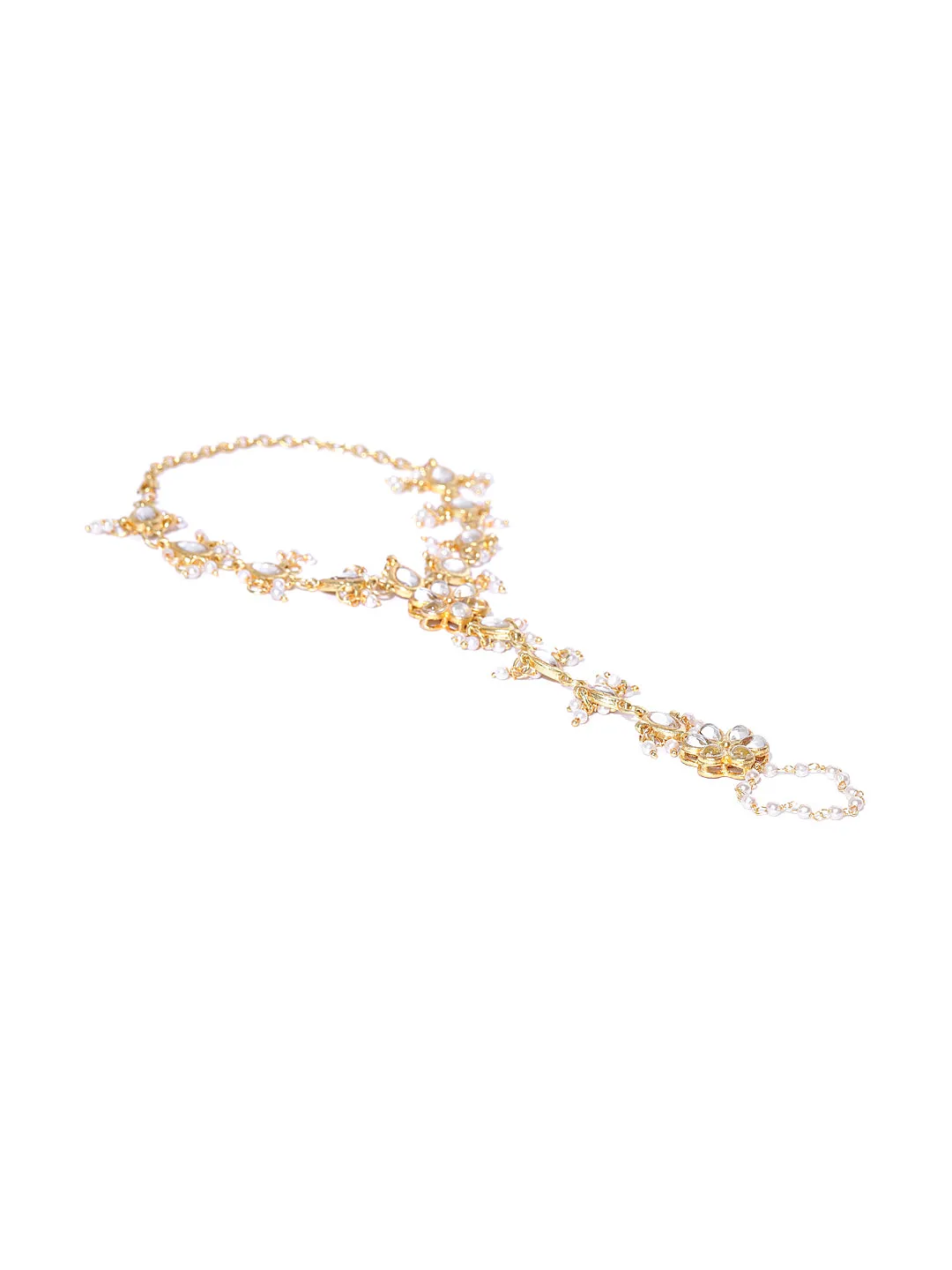 Gold-Plated Kundan Pearl Chain Hathphool with Tassel Beads