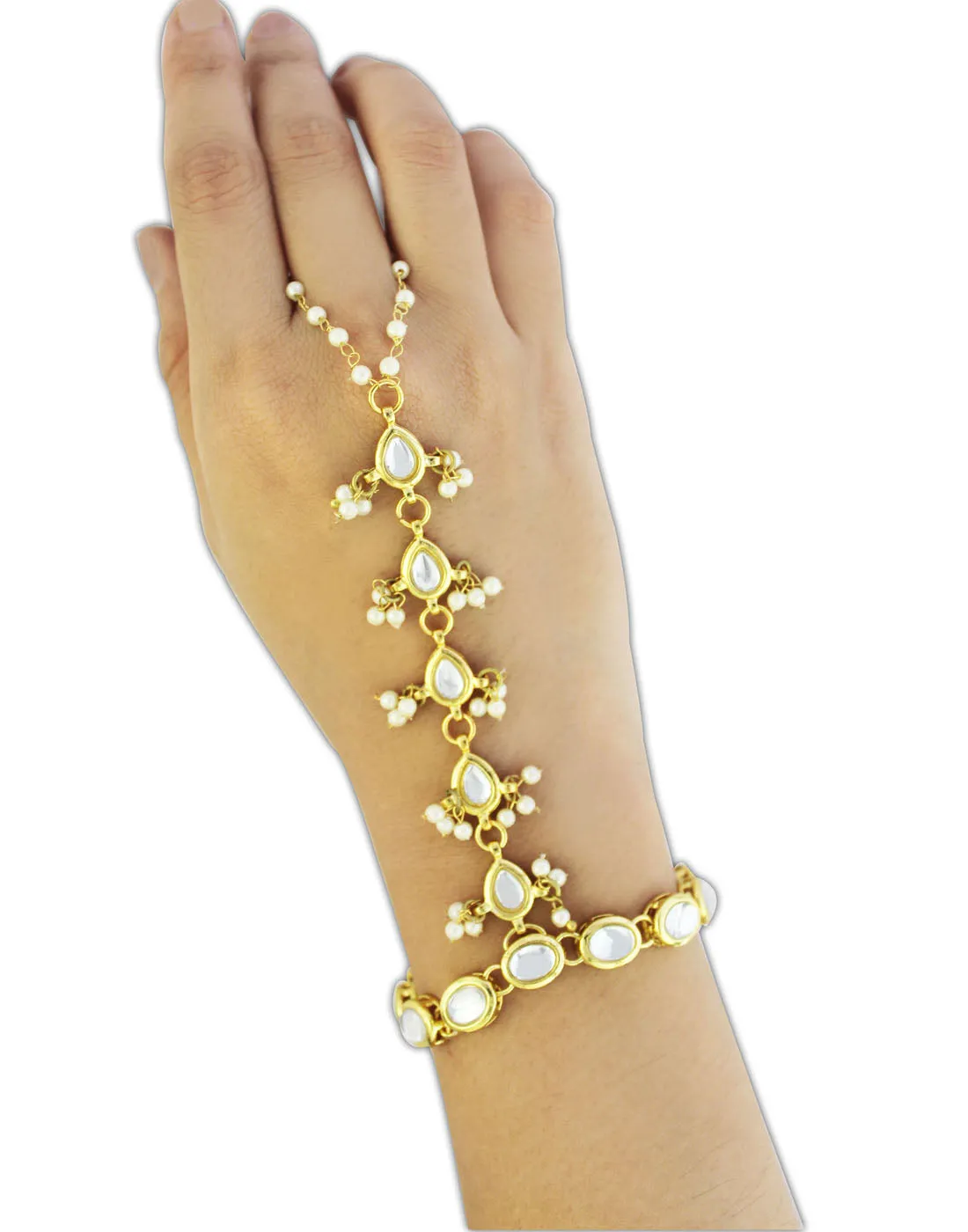 Gold-Plated Kundan Pearl Chain Hathphool with Tassel Beads