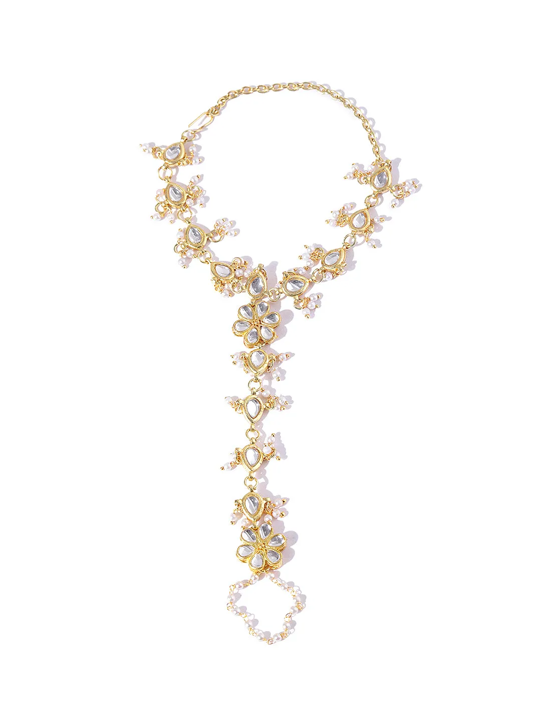 Gold-Plated Kundan Pearl Chain Hathphool with Tassel Beads