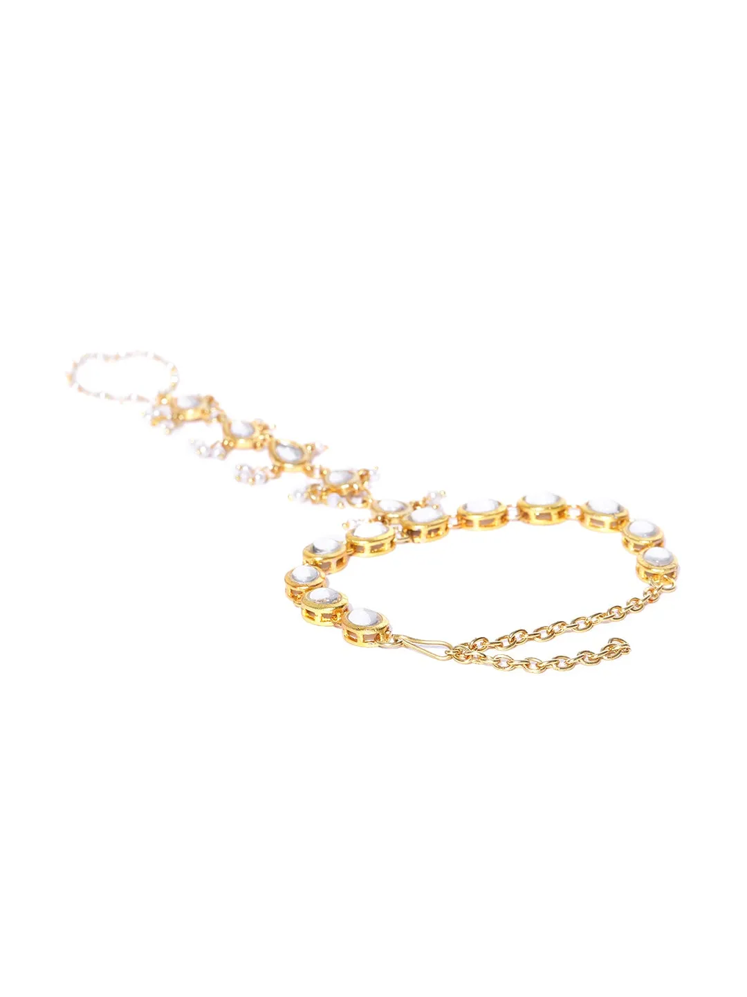 Gold-Plated Kundan Pearl Chain Hathphool with Tassel Beads