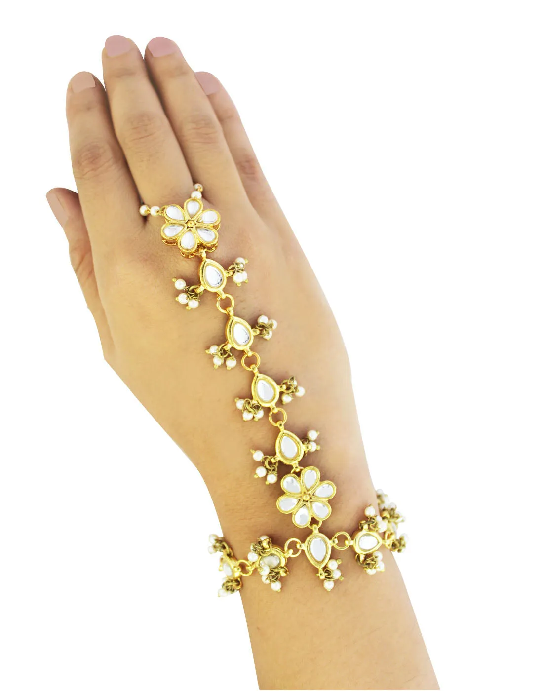 Gold-Plated Kundan Pearl Chain Hathphool with Tassel Beads