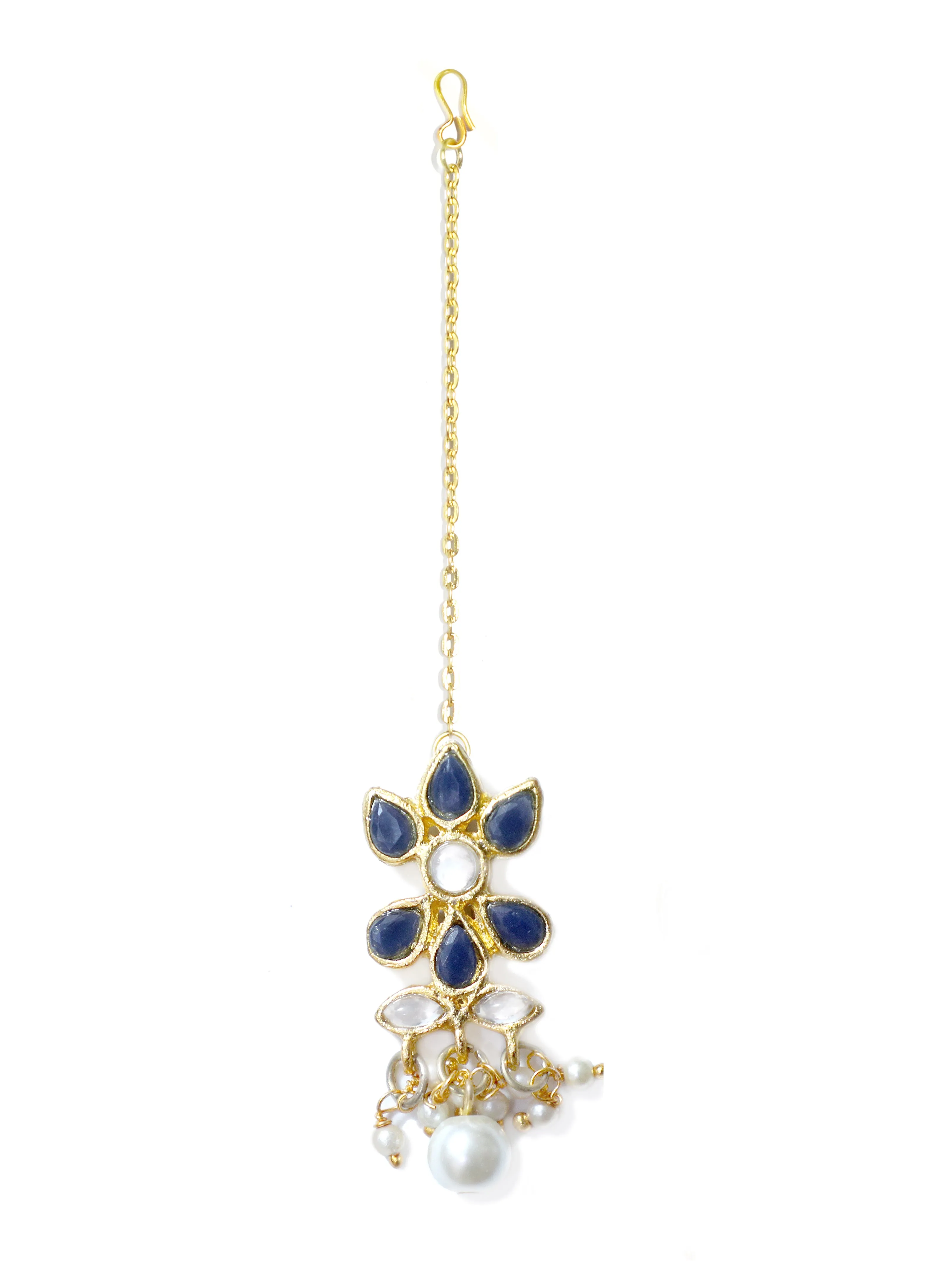 Gold Plated Navy Blue Kundan and Pearl Beads Choker Necklace Set