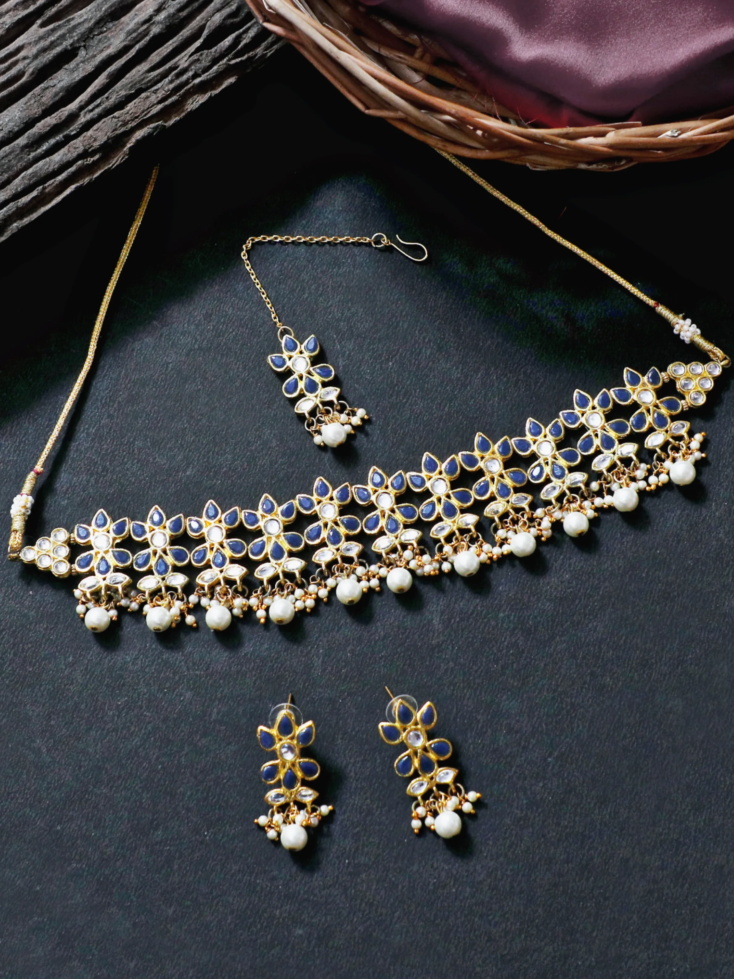 Gold Plated Navy Blue Kundan and Pearl Beads Choker Necklace Set