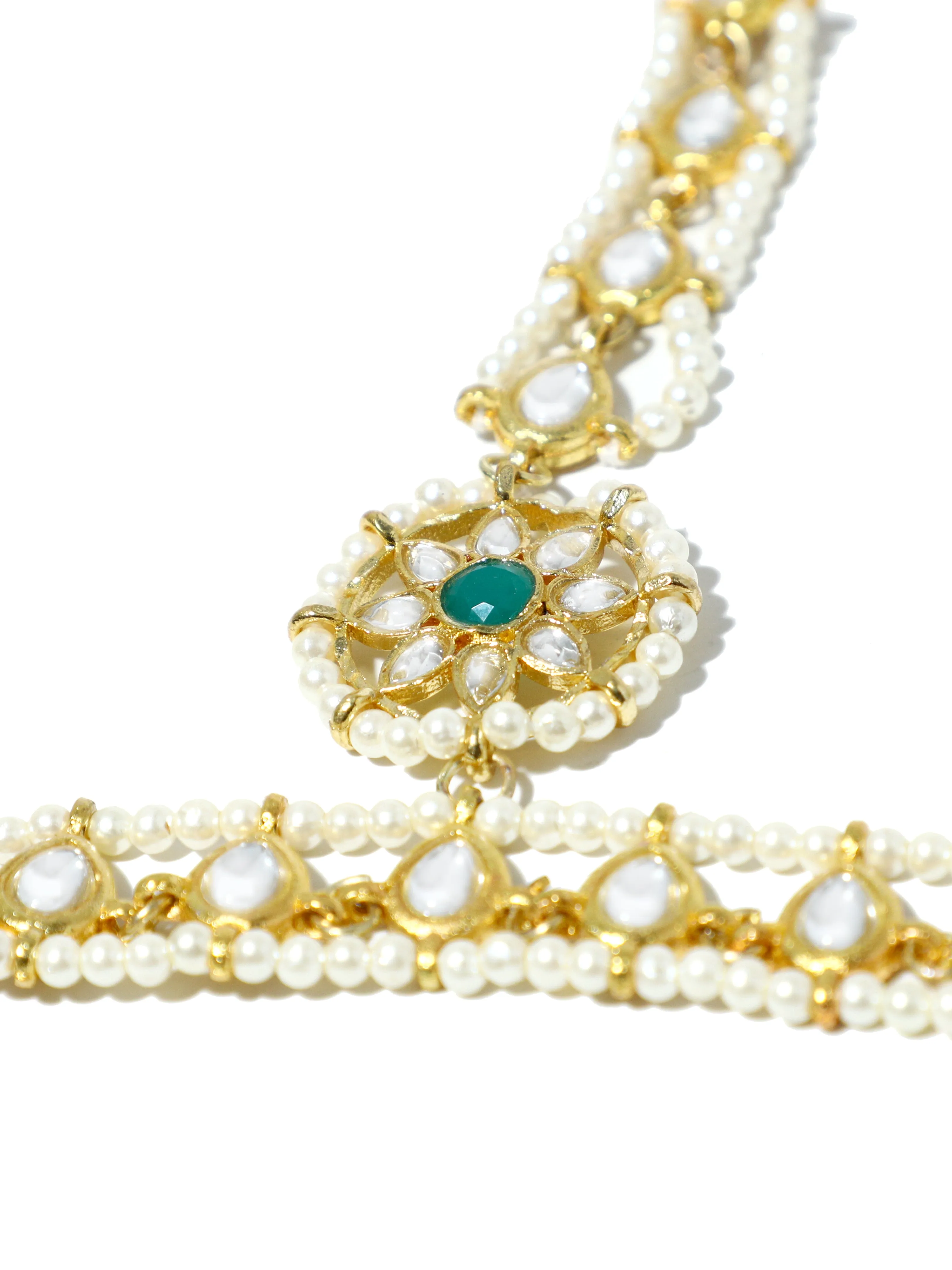 Gold-Plated Pearl Beads Kundan Chain Hathphool with Green Stone