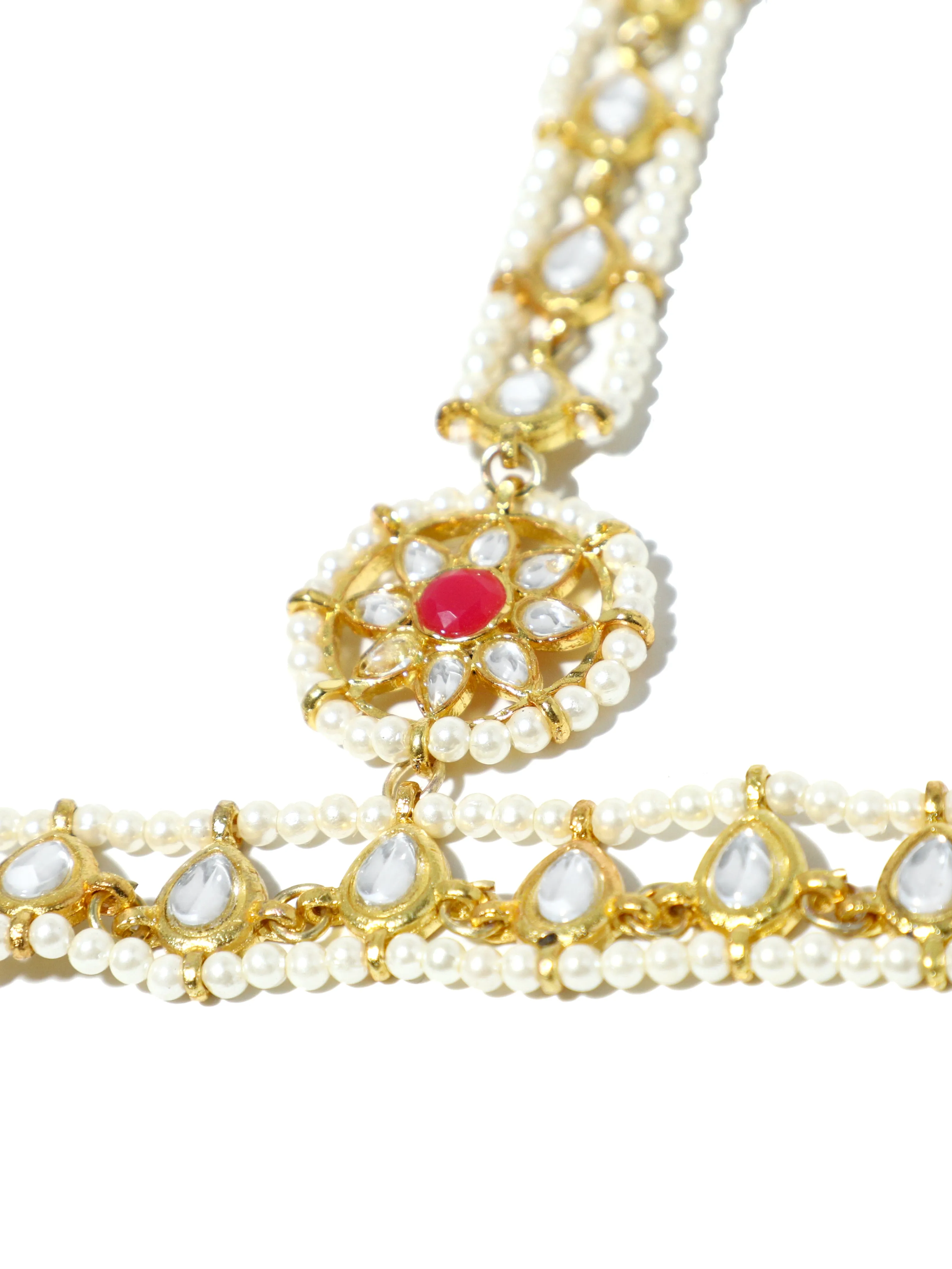 Gold-Plated Pearl Beads Kundan Chain Hathphool with Red Stone