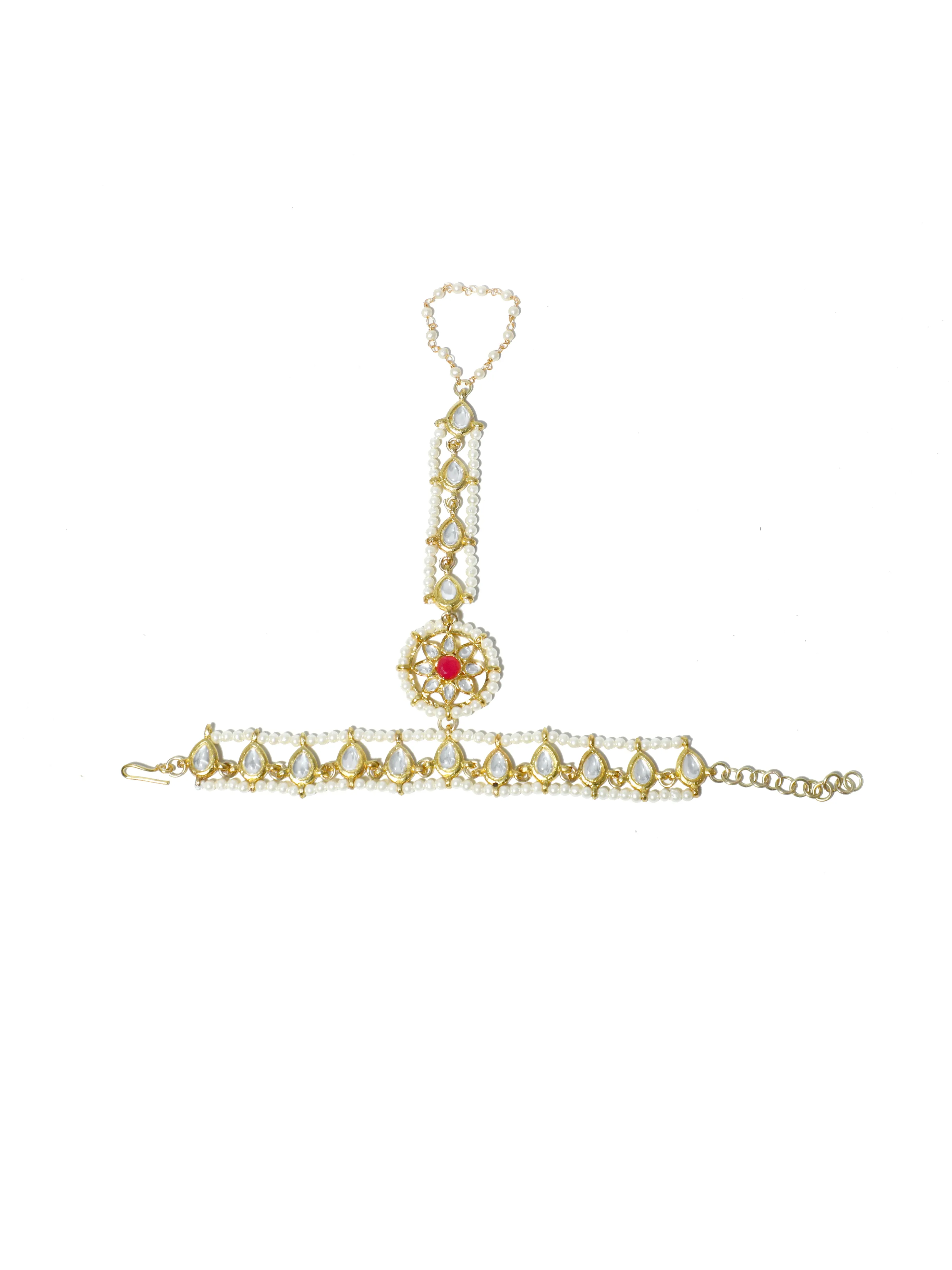 Gold-Plated Pearl Beads Kundan Chain Hathphool with Red Stone