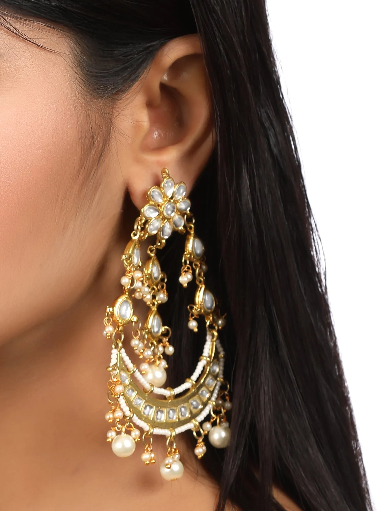 Gold Plated Pearl Beads Kundan Chandbali Earrings