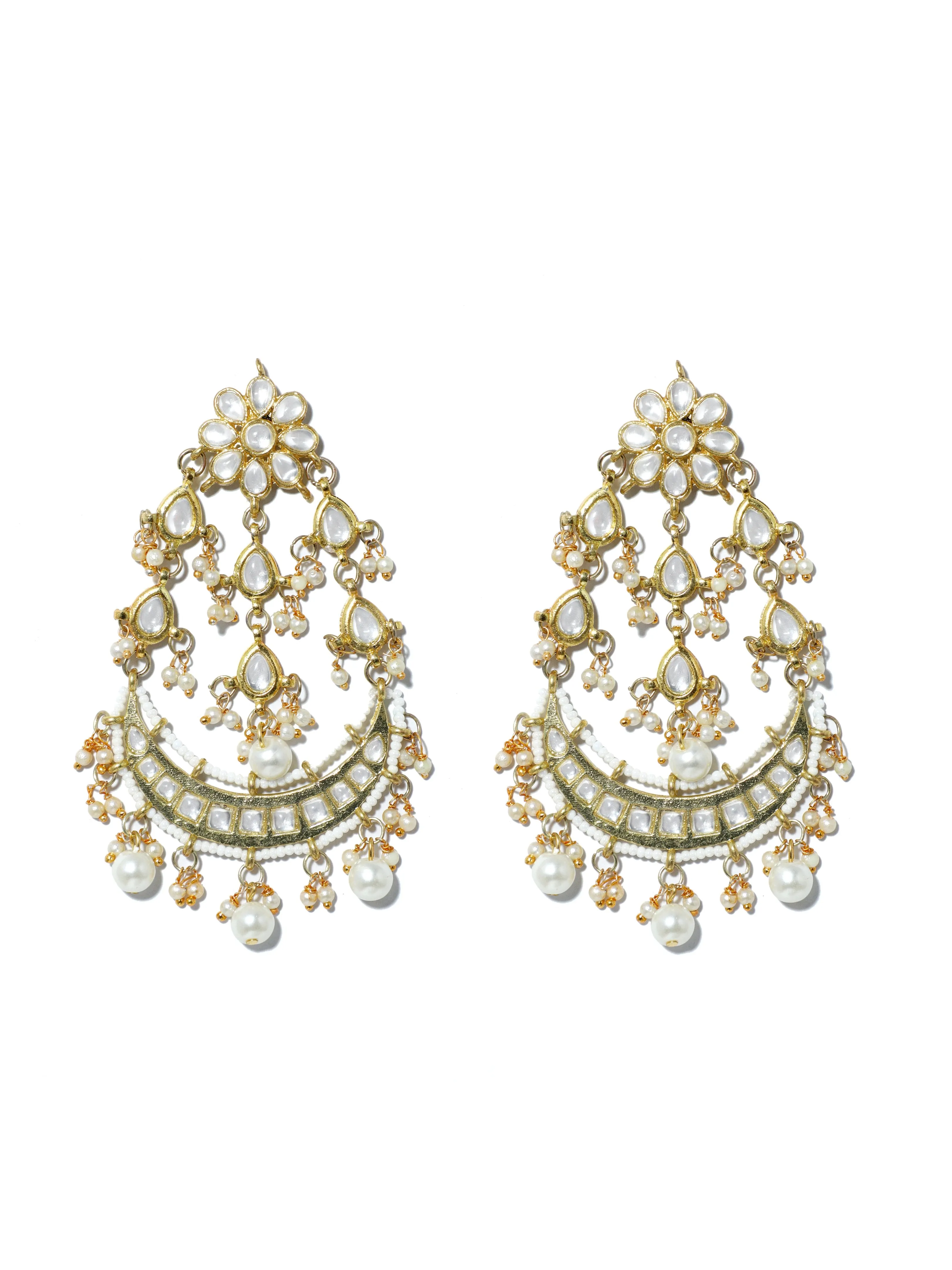 Gold Plated Pearl Beads Kundan Chandbali Earrings