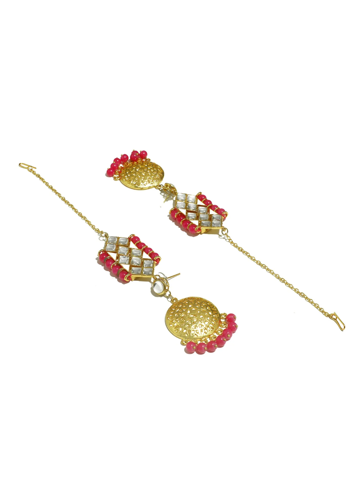 Gold Plated Pink Beads Kundan Kaanchain Earrings for Women