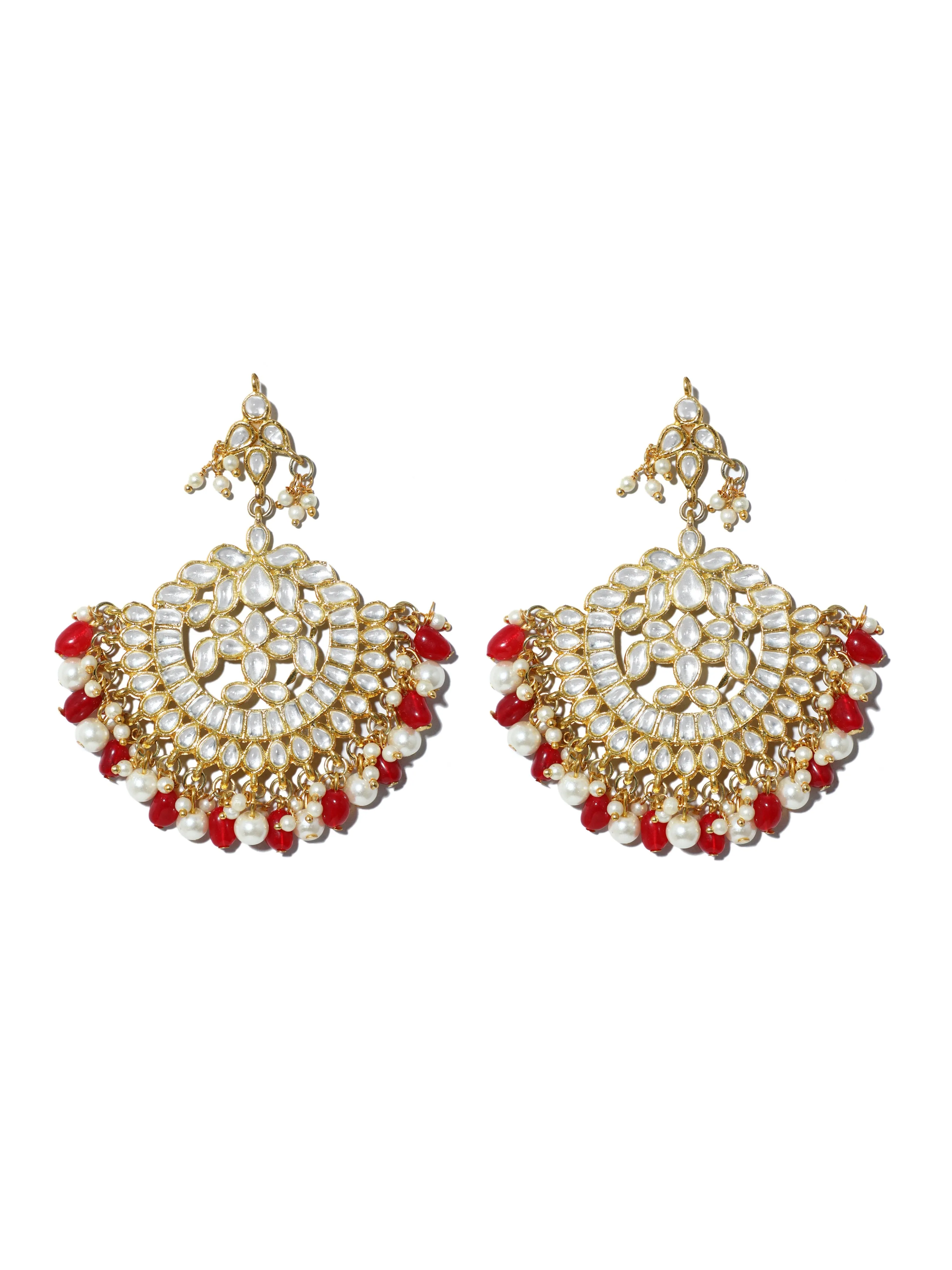 Gold Plated Red and Pearl Beads Kundan Chandbali Earrings