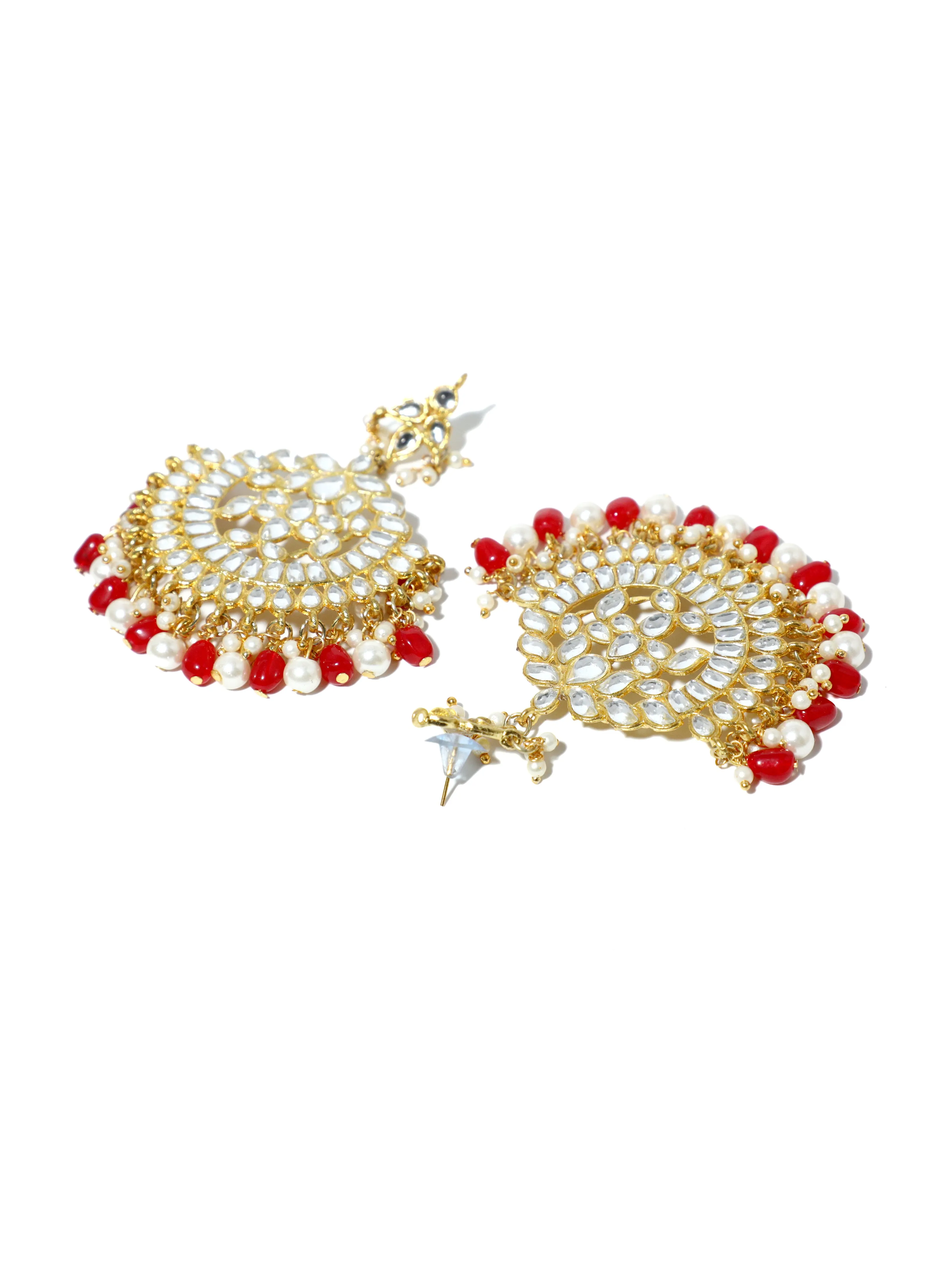 Gold Plated Red and Pearl Beads Kundan Chandbali Earrings