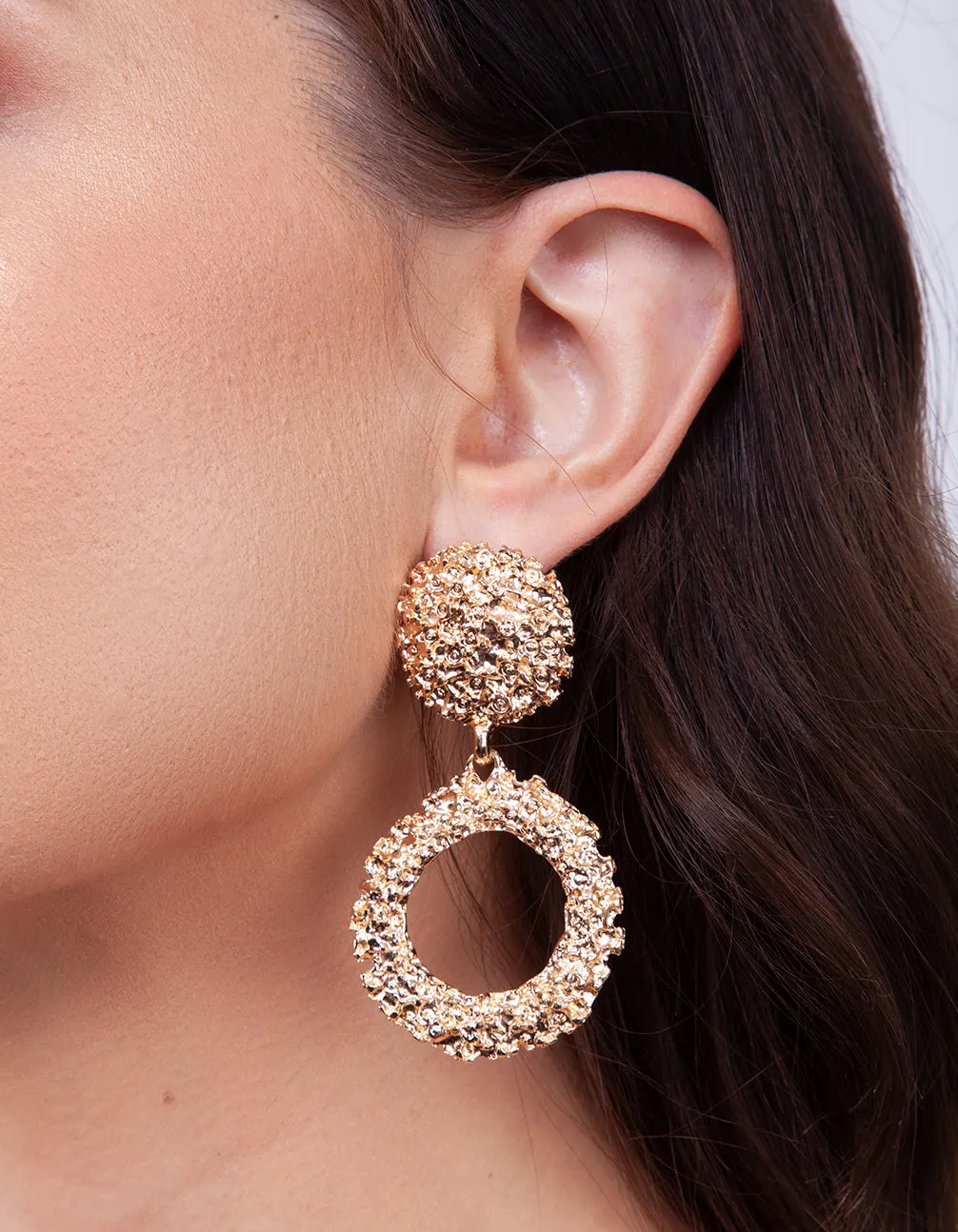 Gold Textured Round Drop Earrings