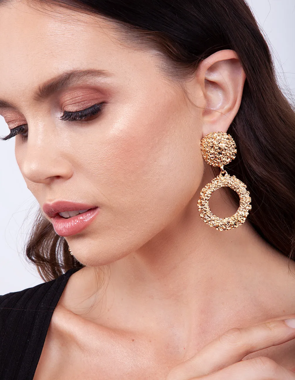 Gold Textured Round Drop Earrings