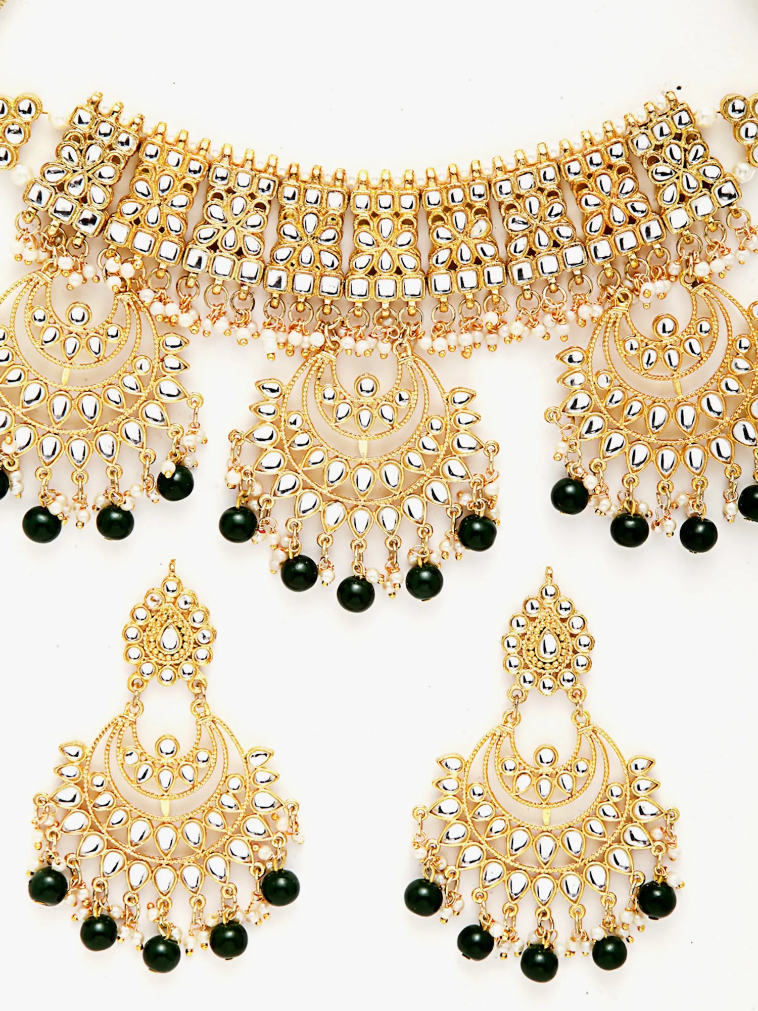 Green Beads Gold-Toned Kundan Studded Bridal Choker Necklace Set