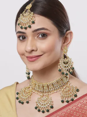 Green Beads Gold-Toned Kundan Studded Bridal Choker Necklace Set