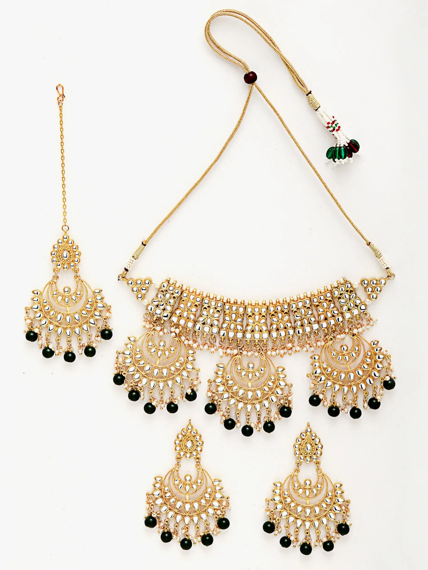 Green Beads Gold-Toned Kundan Studded Bridal Choker Necklace Set