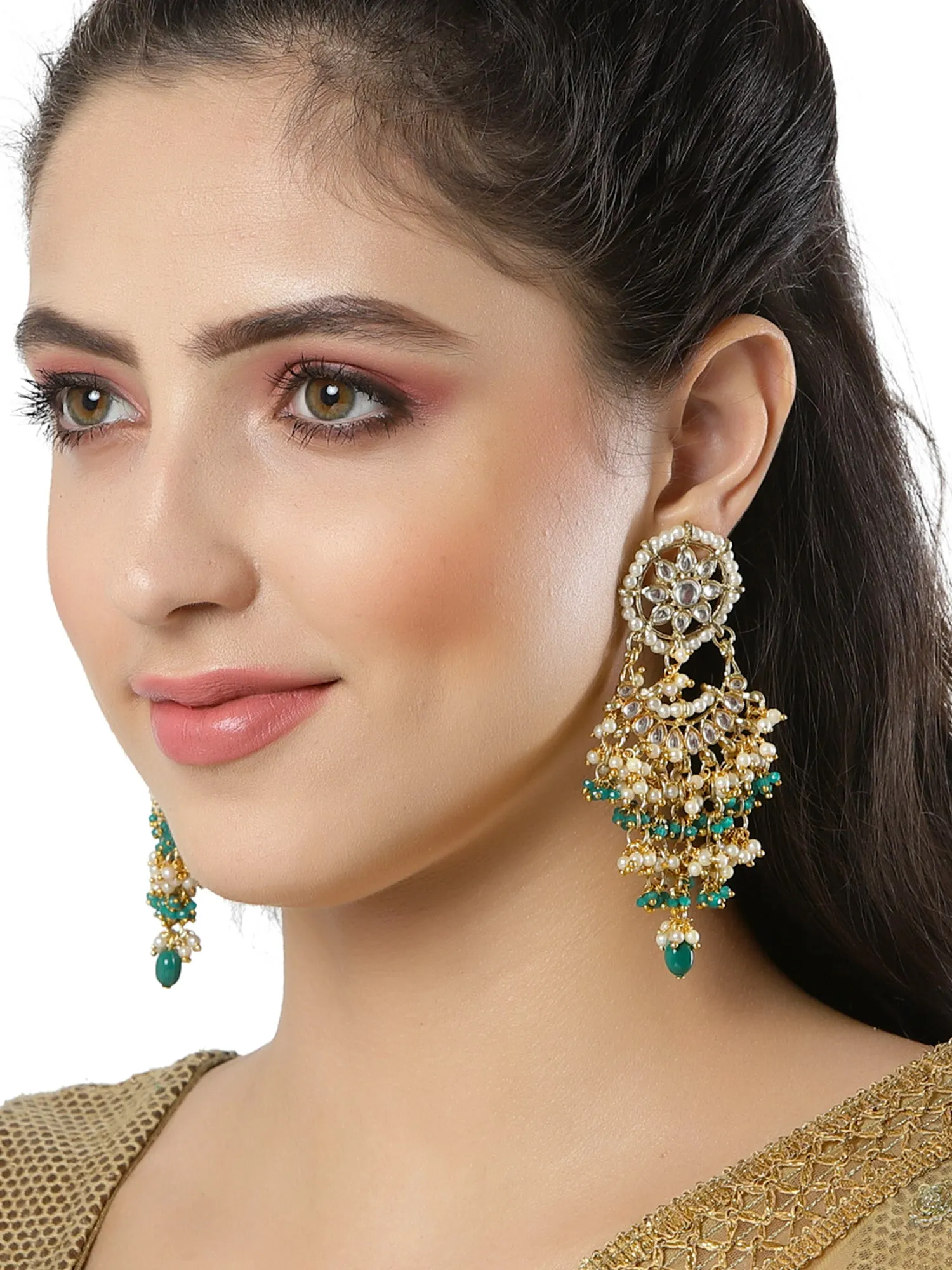 Green Crystal and Pearl Kundan Dangler Earrings for Women