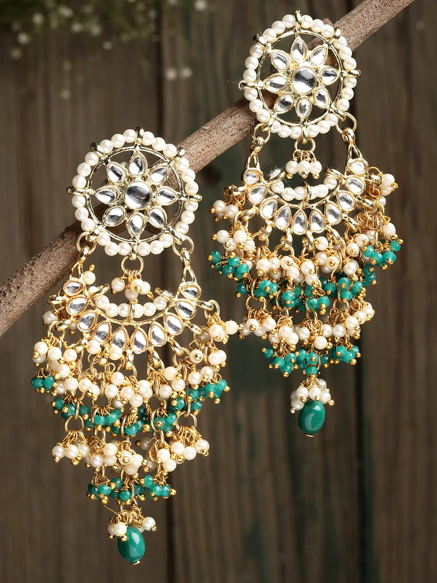 Green Crystal and Pearl Kundan Dangler Earrings for Women