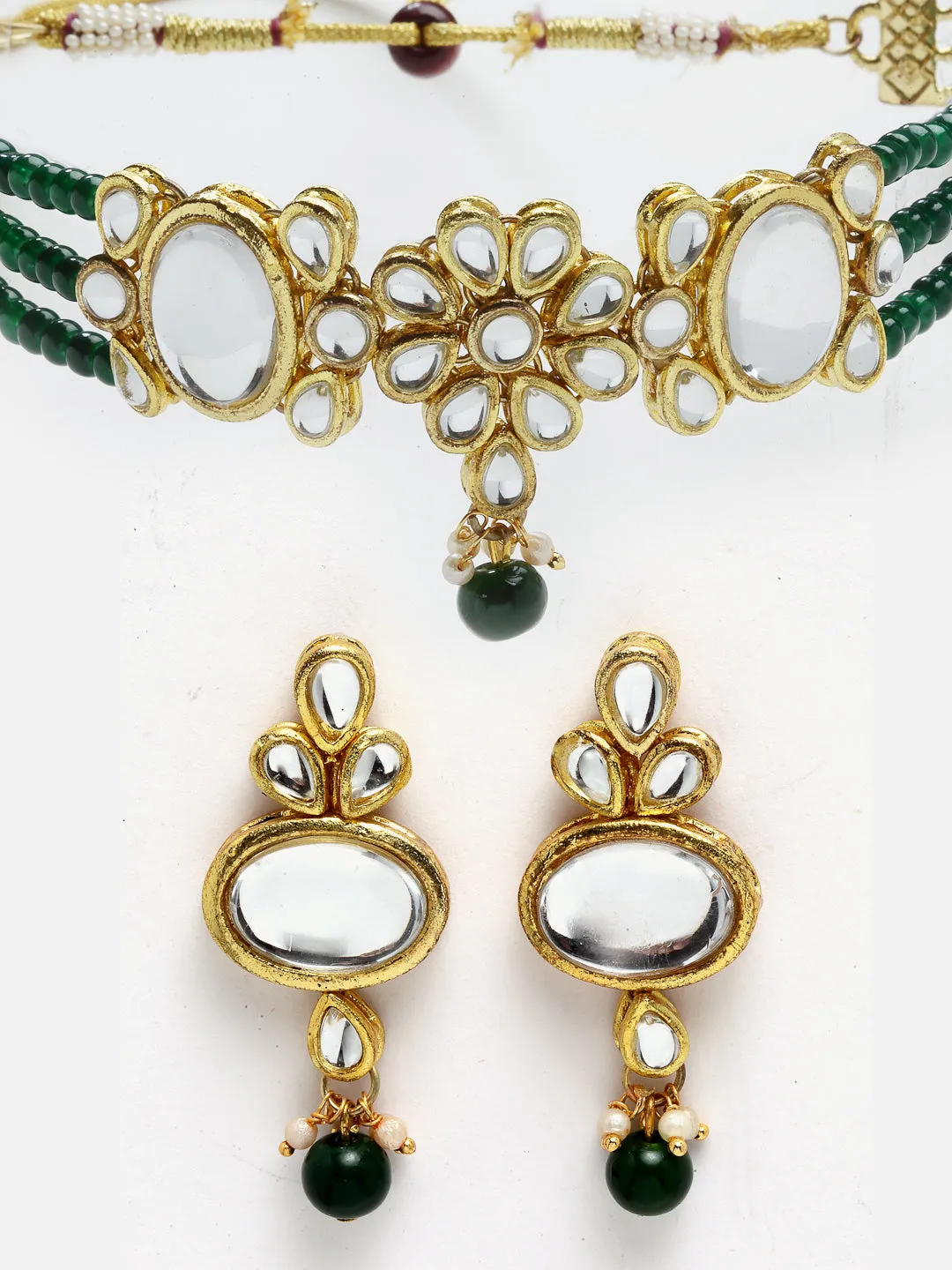 Green Multistrand Embellished Kundan Choker Necklace Set