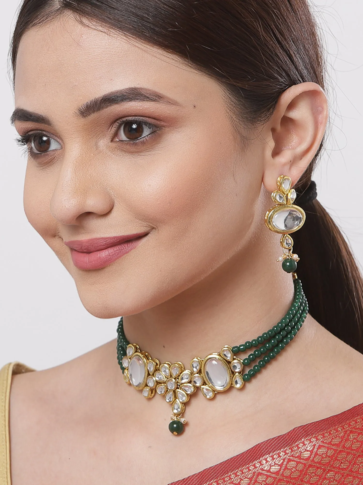 Green Multistrand Embellished Kundan Choker Necklace Set