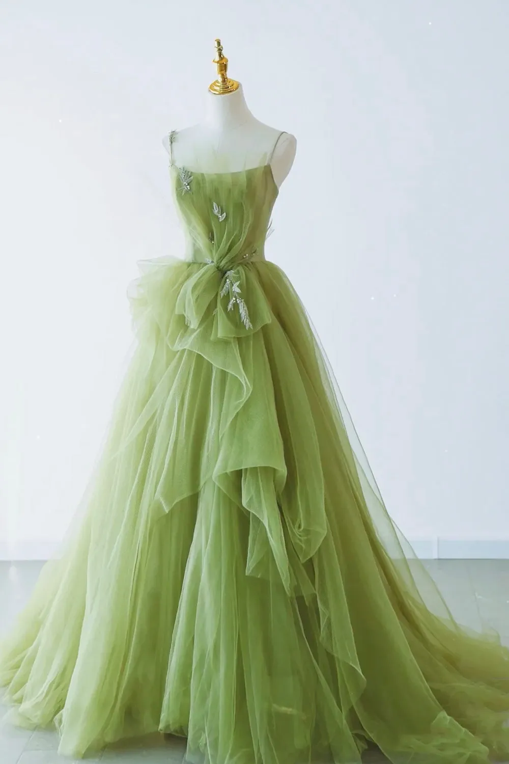 Green Spaghetti Strap Tulle Long Formal Evening Dress, Green A-Line Prom Dress