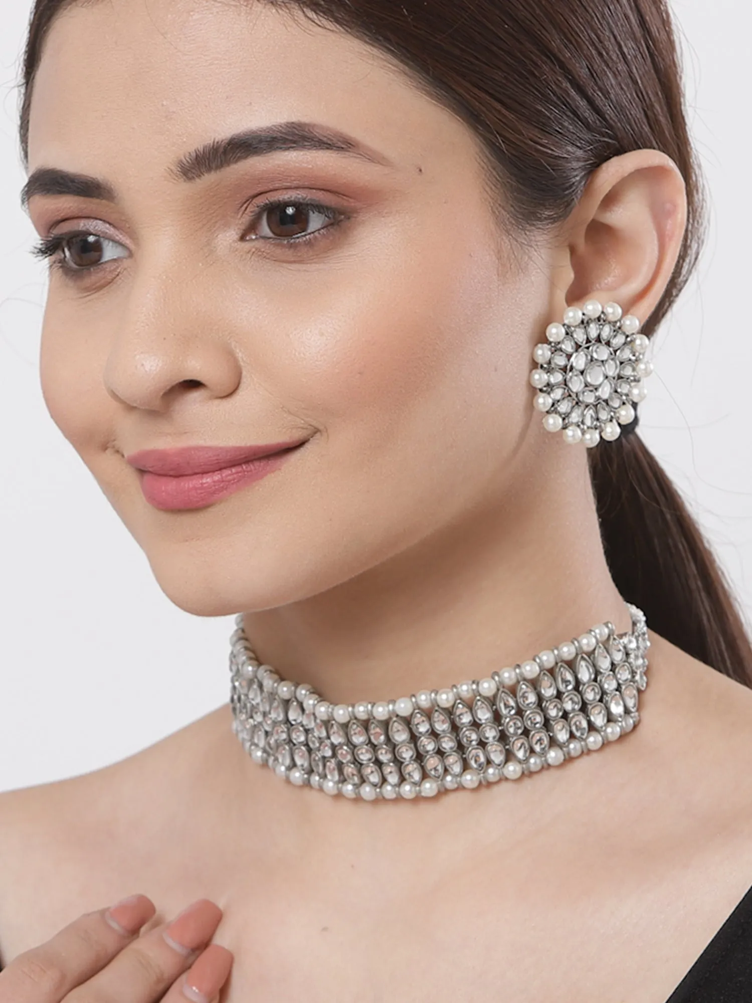 Handcrafted Oxidised Silver Pearl and Kundan Studded Choker Necklace Set