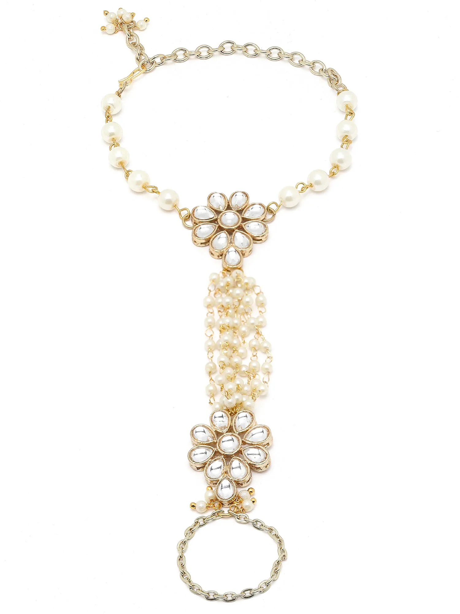 Karacart Gold Plated Pearl and Floral Kundan Hathphool for Women