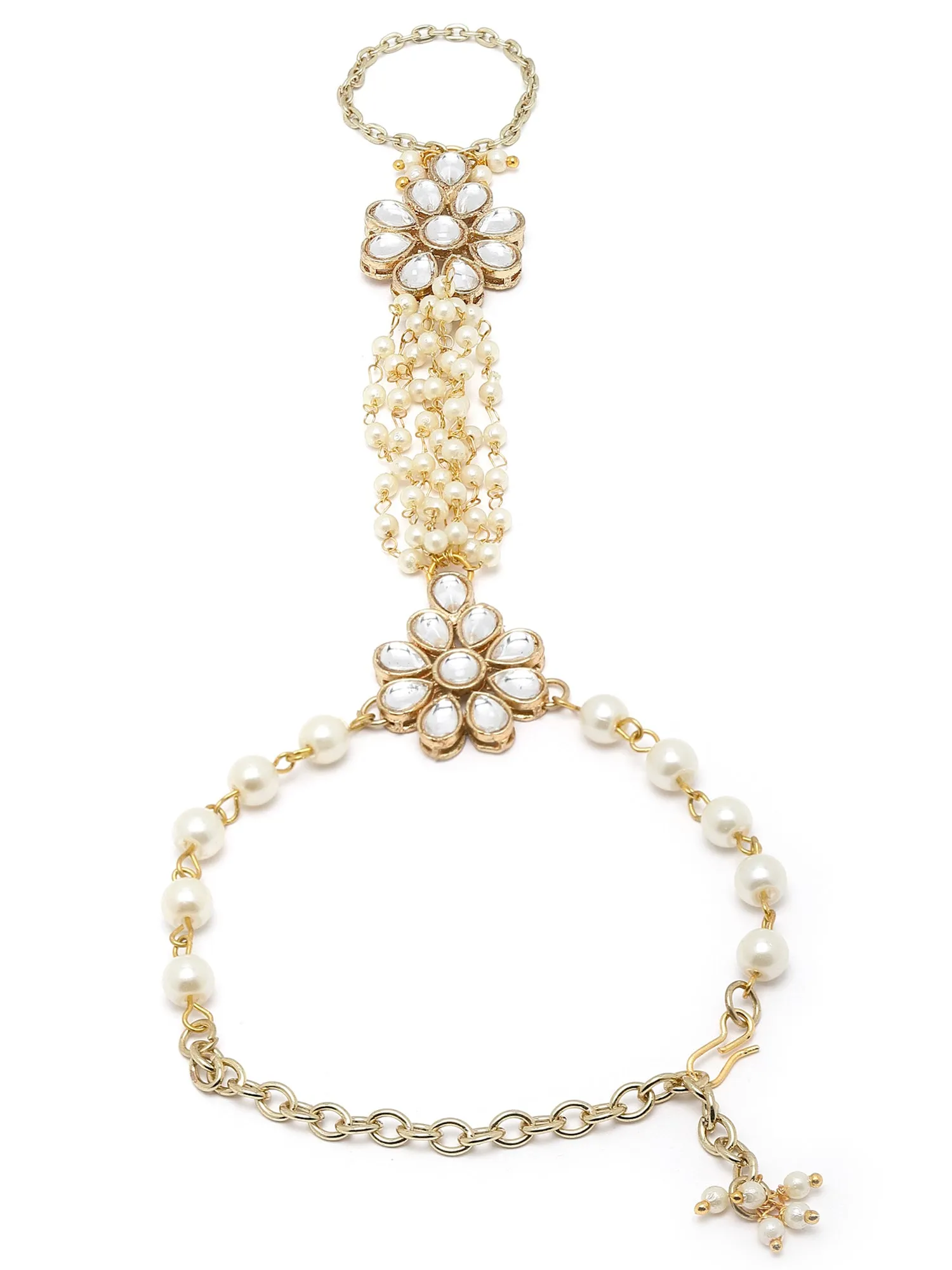 Karacart Gold Plated Pearl and Floral Kundan Hathphool for Women