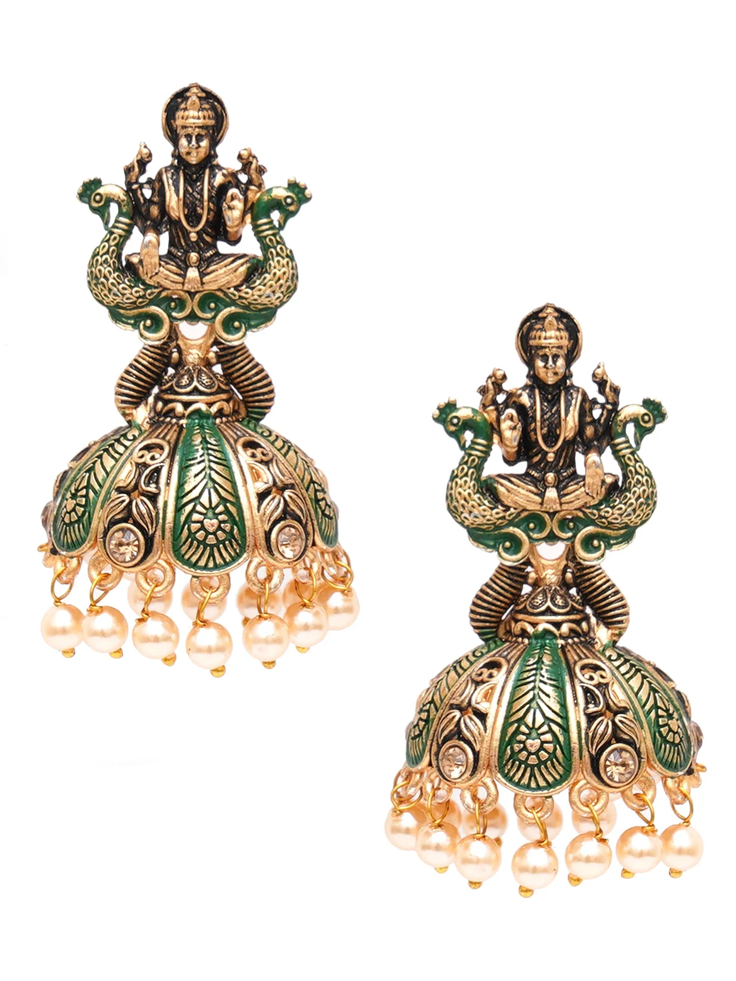 Karatcart Antique Gold Plated Green Mata Laxmi Jhumki Earrings for Women