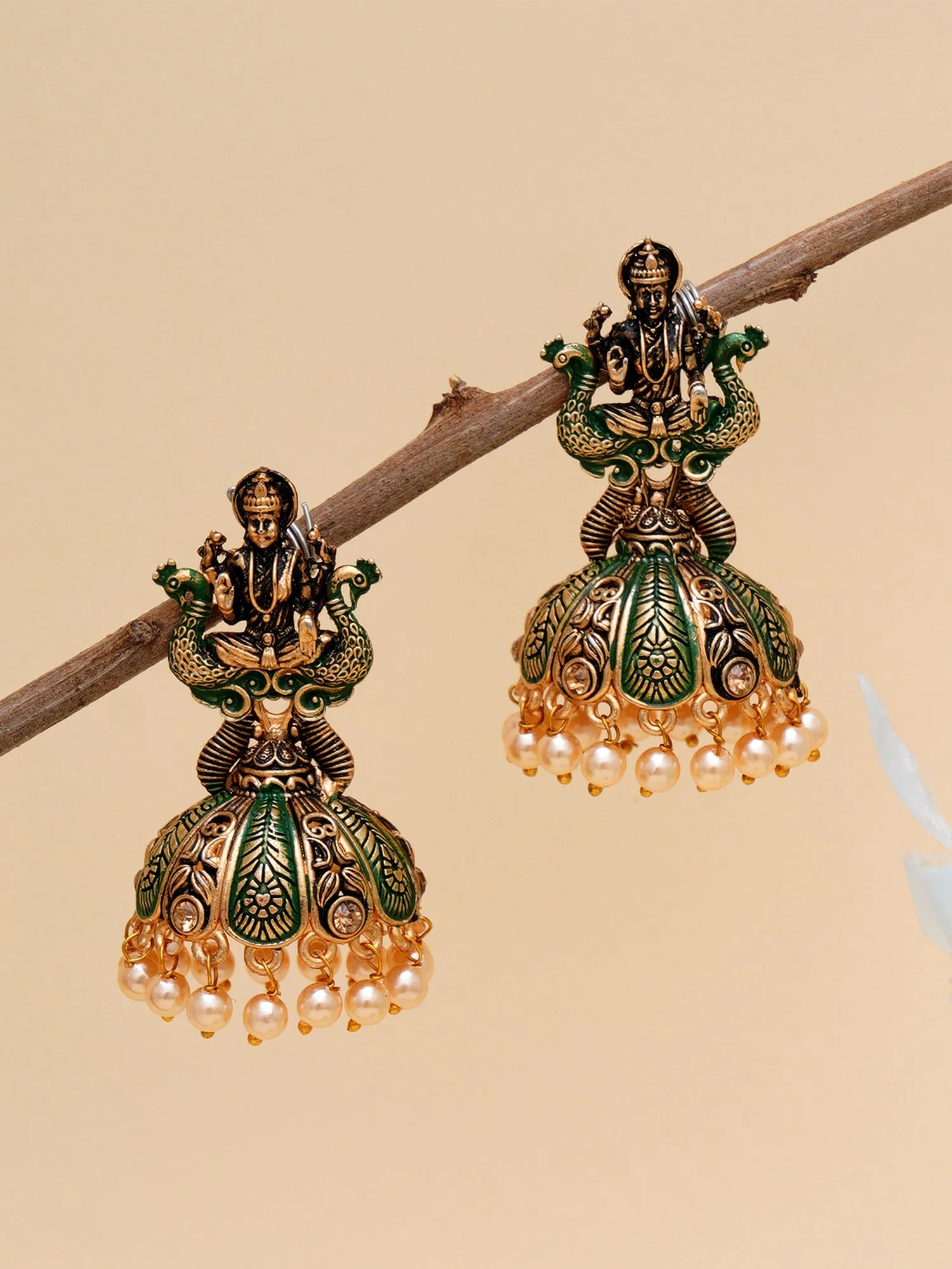 Karatcart Antique Gold Plated Green Mata Laxmi Jhumki Earrings for Women