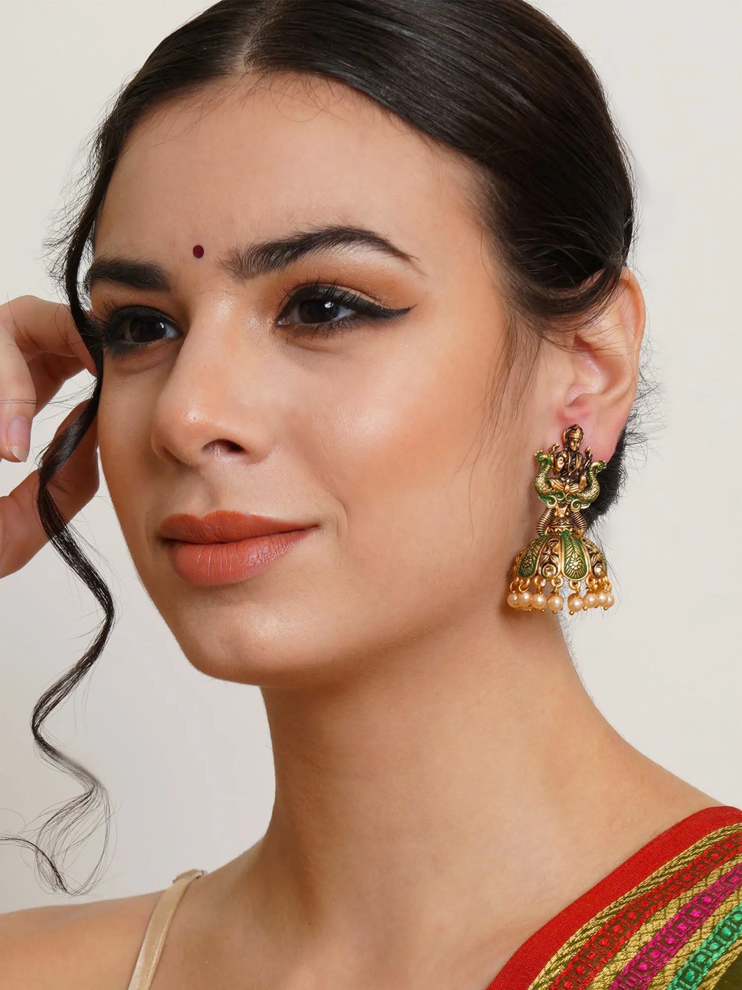 Karatcart Antique Gold Plated Light Green Mata Laxmi Jhumki Earrings for Women