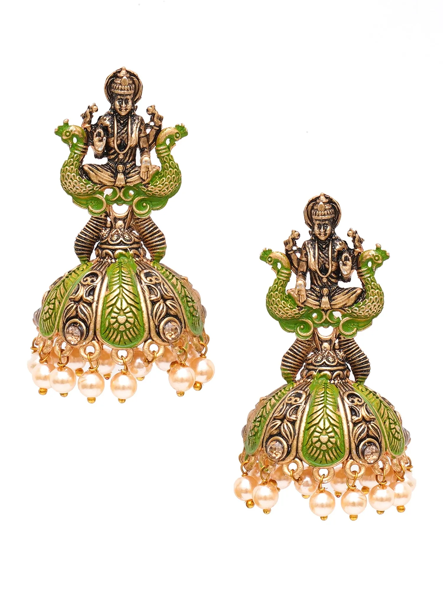 Karatcart Antique Gold Plated Light Green Mata Laxmi Jhumki Earrings for Women