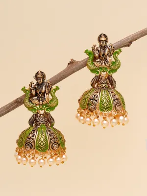 Karatcart Antique Gold Plated Light Green Mata Laxmi Jhumki Earrings for Women