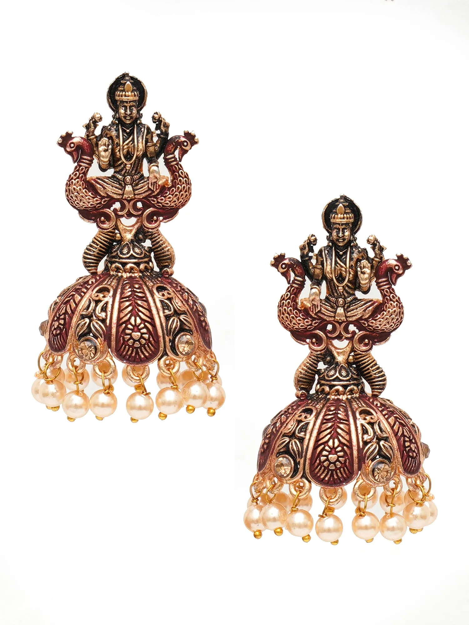 Karatcart Antique Gold Plated Maroon Mata Laxmi Jhumki Earrings for Women