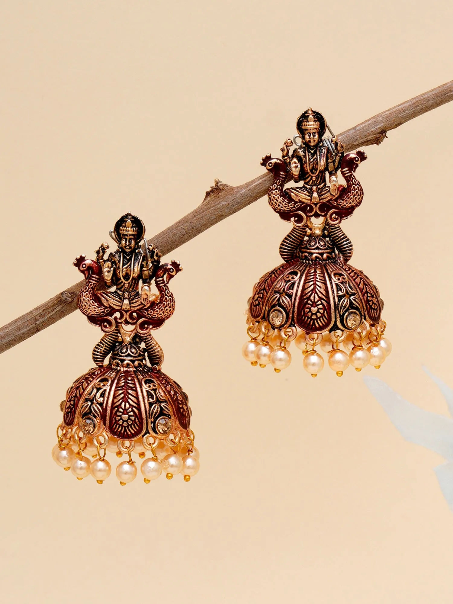 Karatcart Antique Gold Plated Maroon Mata Laxmi Jhumki Earrings for Women