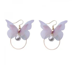 Korean Retro Asymmetric Butterfly Imitation Pearl Earrings Fashion Round Flower Brincos Long Statement Wings Earrings Jewelry