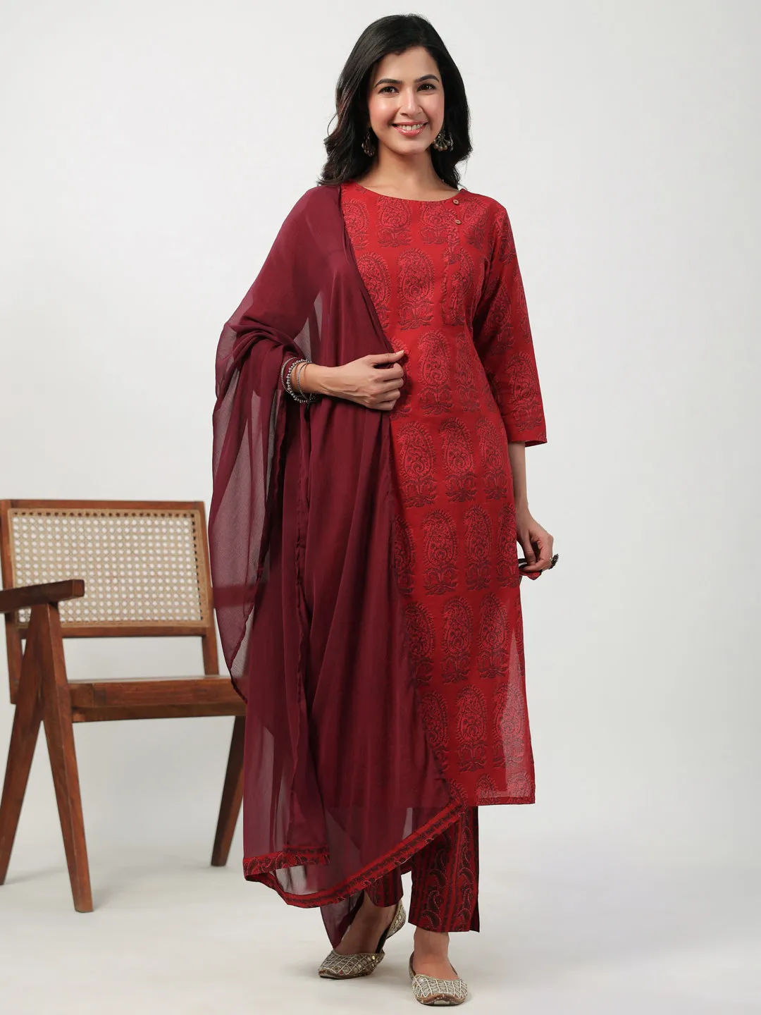 Maroon Cotton Paisley Regular Kurta Pant Set