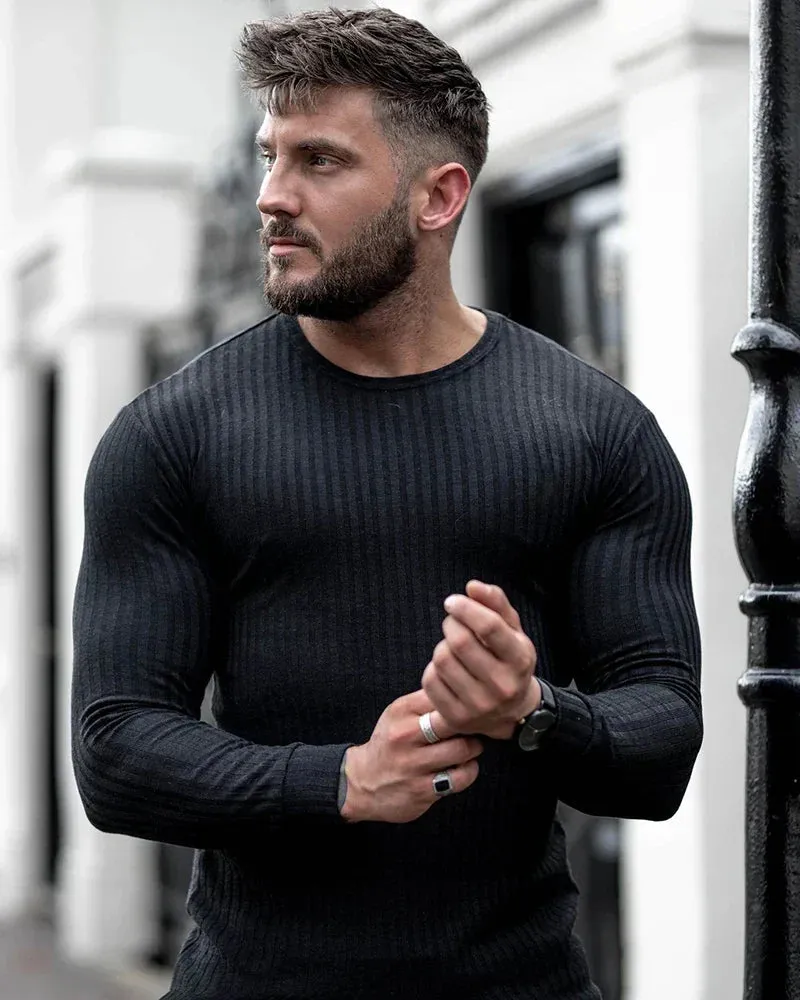 Men's Casual Crew Neck Slim Fit Ribbed Jumper  | Ideal for Autumn/Winter