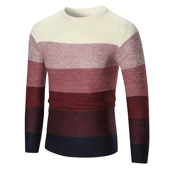 Mens Gradient Color Pullover Crew Neck Wool Hit Color Casual Sweater