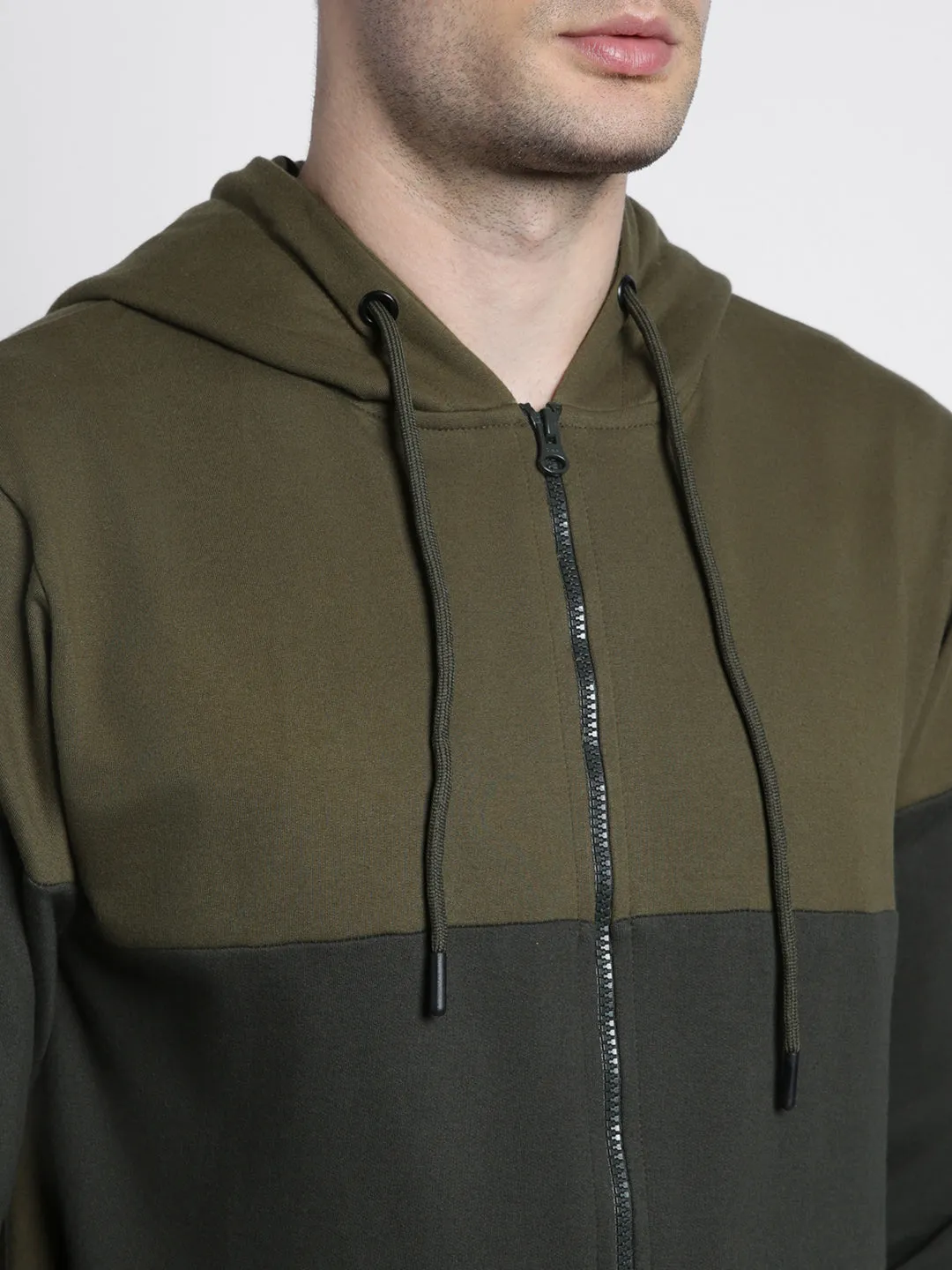 Men's Olive colorblock Front-Open Hooded Sweatshirt