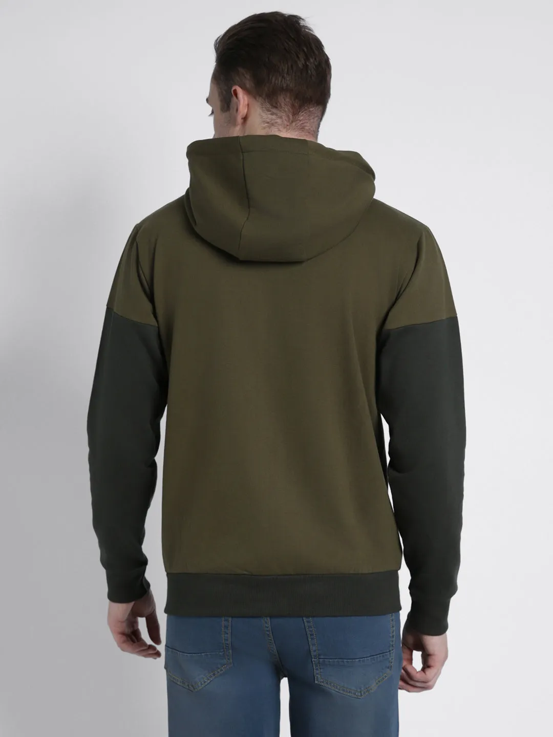 Men's Olive colorblock Front-Open Hooded Sweatshirt